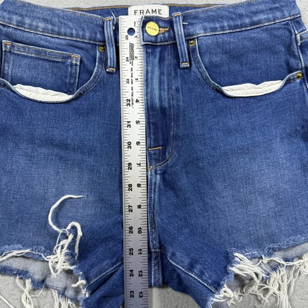 Frame Denim Le Brigette Raw Edge Shorts Long Water Blue Frayed Hem Womens 27